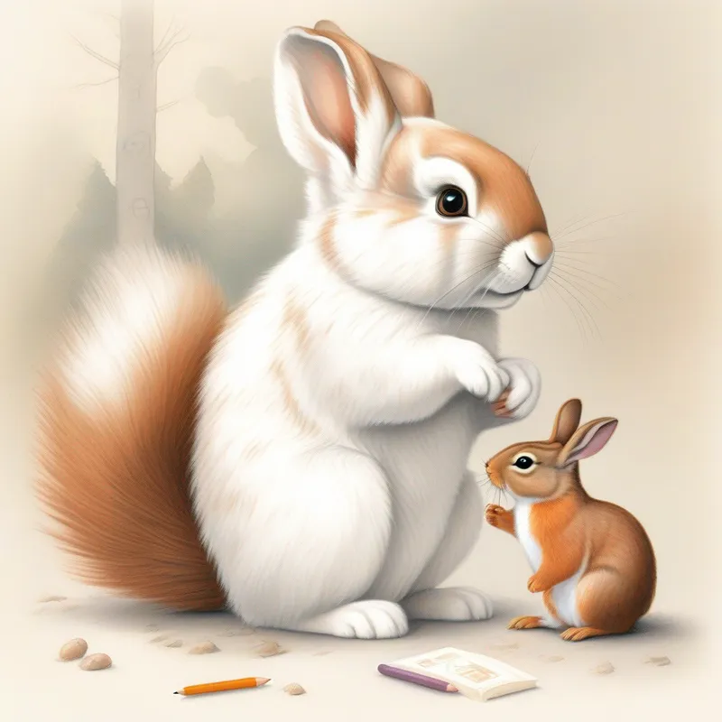 Curious bunny, white fur with brown patches, perky floppy ears talks to the squirrel, solving riddles