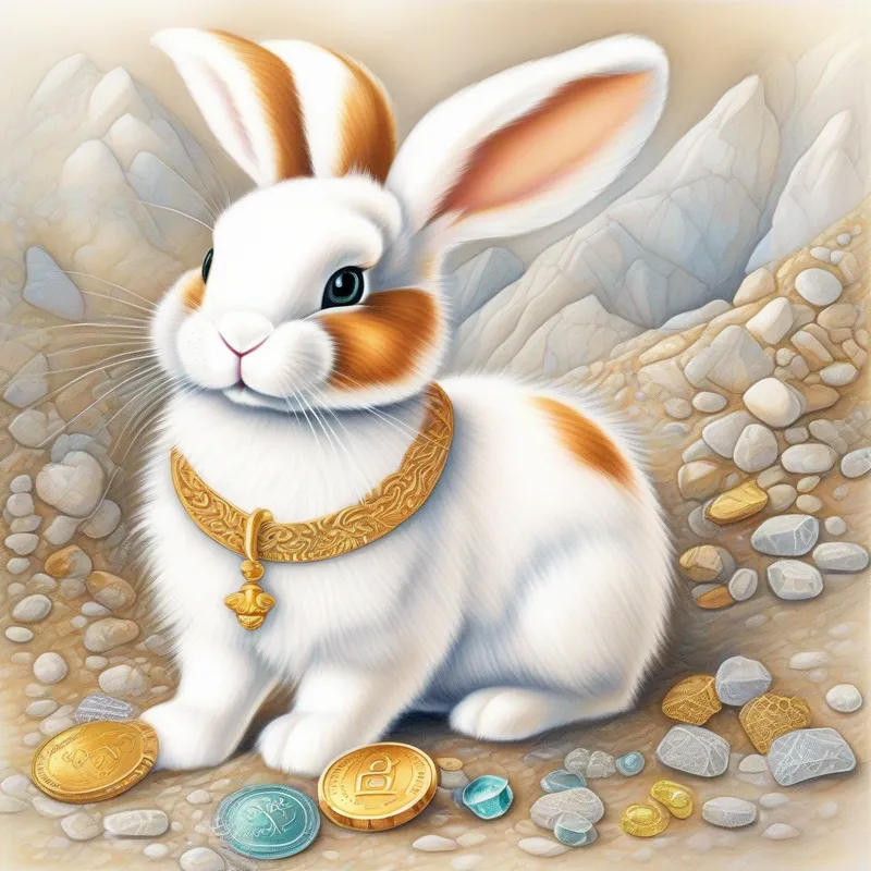 Curious bunny, white fur with brown patches, perky floppy ears solves the riddle and finds treasure, shiny jewels and coins