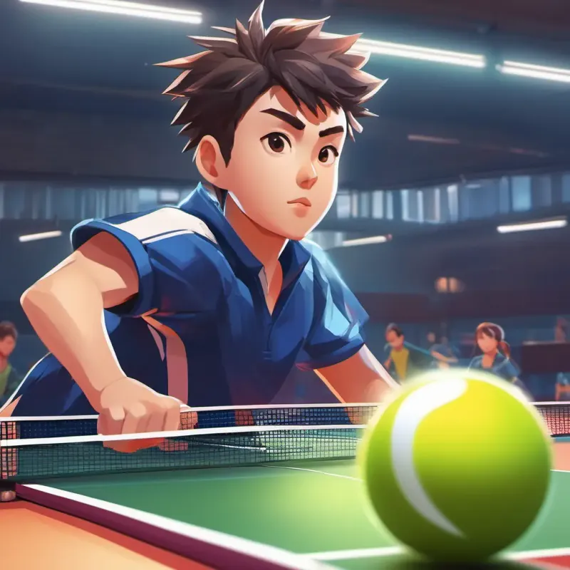 Introduction, Short, spiky hair, energetic eyes, wears a sporty outfit in the gym, focused on table tennis ball.
