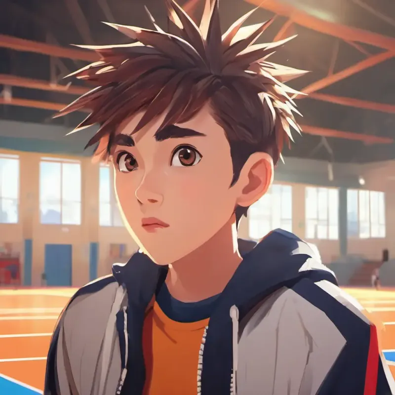 Setting the scene, Short, spiky hair, energetic eyes, wears a sporty outfit's nervousness, school gymnasium.
