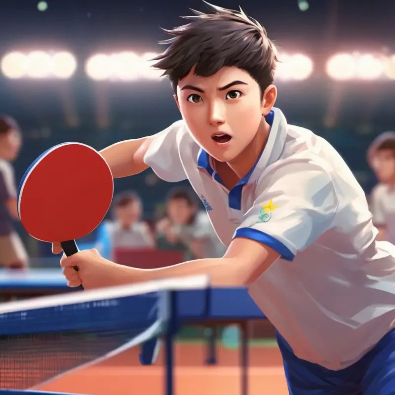Flashback to practice, Short, spiky hair, energetic eyes, wears a sporty outfit's determination, school table tennis table.