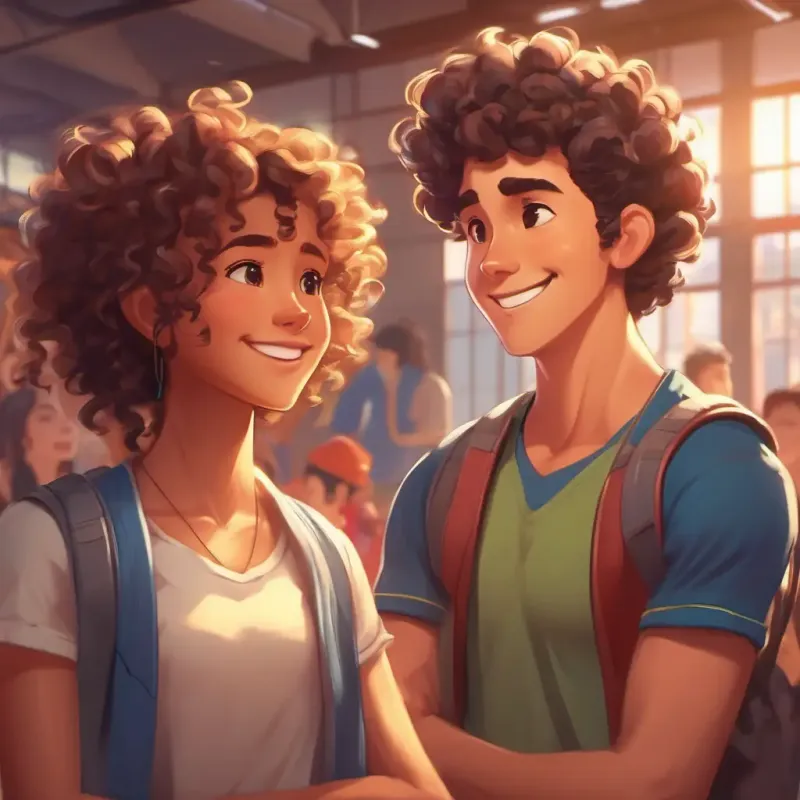 Gym ambiance, classmates around, friend Tall, curly hair, friendly eyes, has a supportive smile's support.