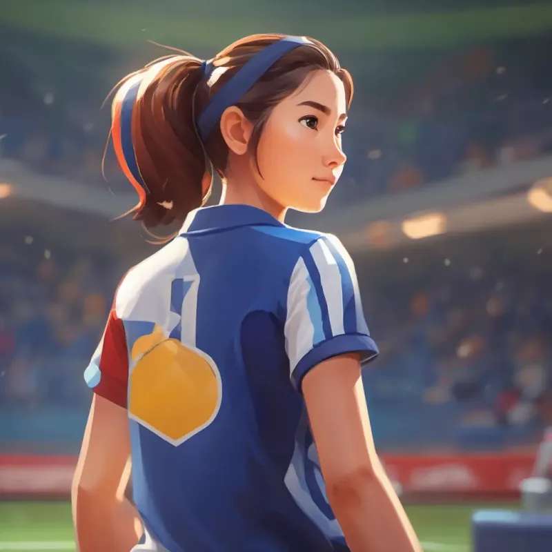 Final match setup, introduction of Athletic, ponytail, concentrated gaze, wears her school's team colors, sportsmanship.