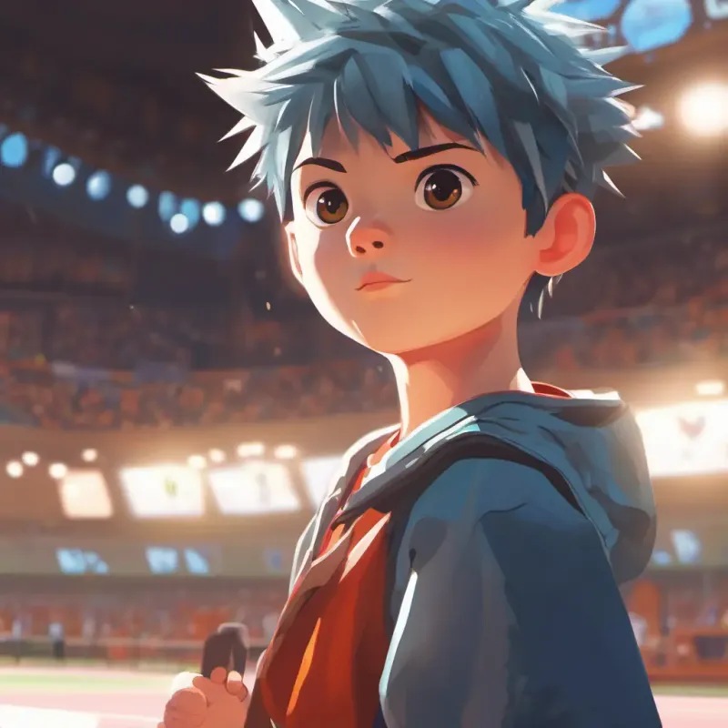 Intense final game, close score, Short, spiky hair, energetic eyes, wears a sporty outfit's calmness.