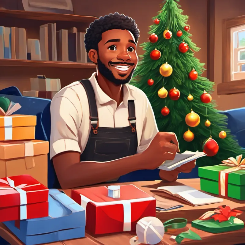 30-year-old black man, short hair, brown eyes, warm smile packing for his trip, including personal and work items.