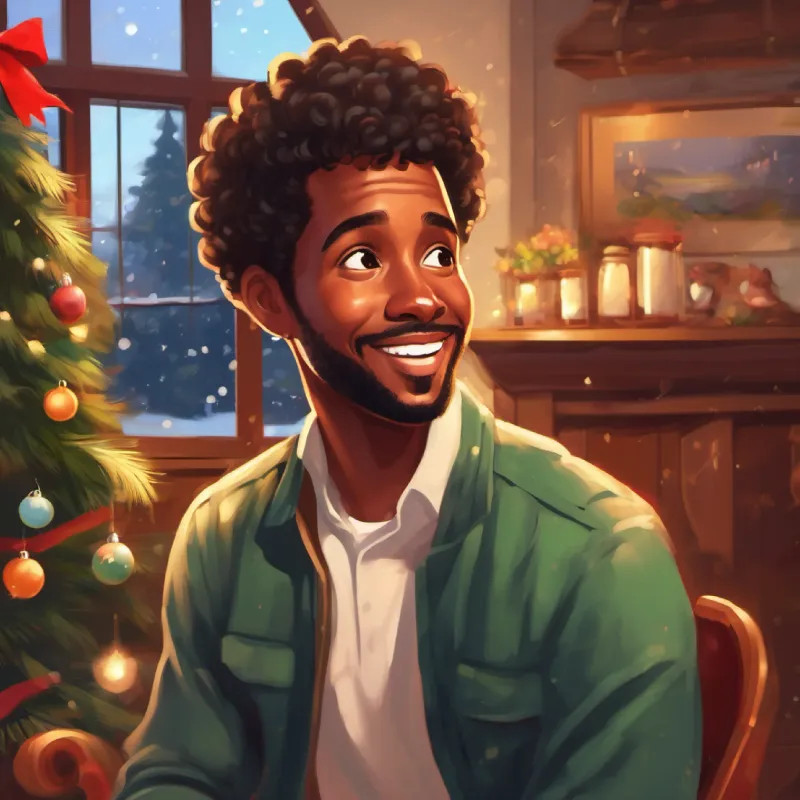 30-year-old black man, short hair, brown eyes, warm smile winding down, calling mom, sharing his day, feeling homesick yet happy.