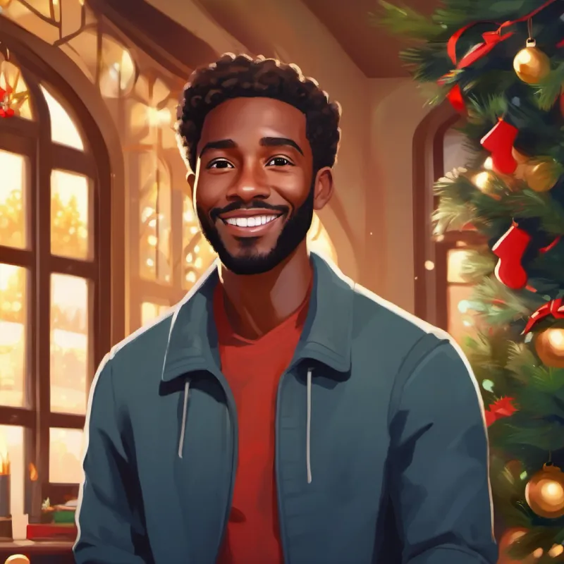 30-year-old black man, short hair, brown eyes, warm smile beginning his journey, feeling hopeful, day is bright.