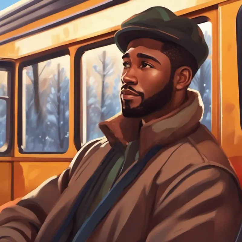 30-year-old black man, short hair, brown eyes, warm smile on the bus, traveling, observing scenery, feeling anticipation.