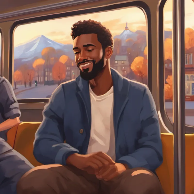 30-year-old black man, short hair, brown eyes, warm smile getting sleepy on the bus, time passing, feeling relaxed.