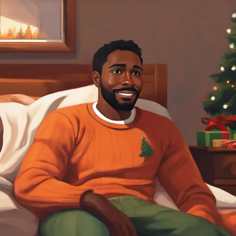 30-year-old black man, short hair, brown eyes, warm smile arriving in Texas, waking up from a nap, feeling refreshed.