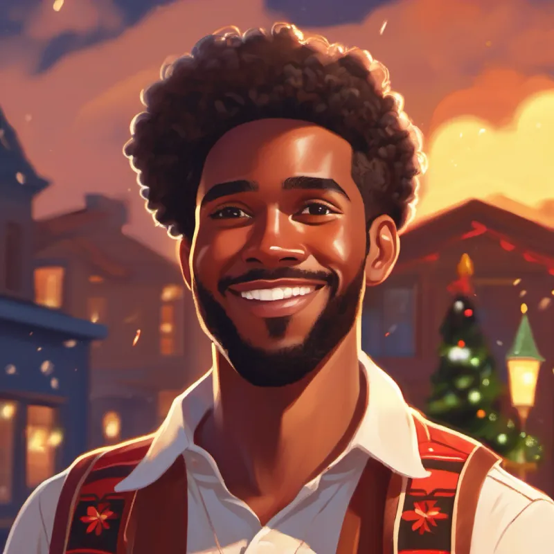 30-year-old black man, short hair, brown eyes, warm smile experiencing the Texas heat for the first time, feeling hot but excited.