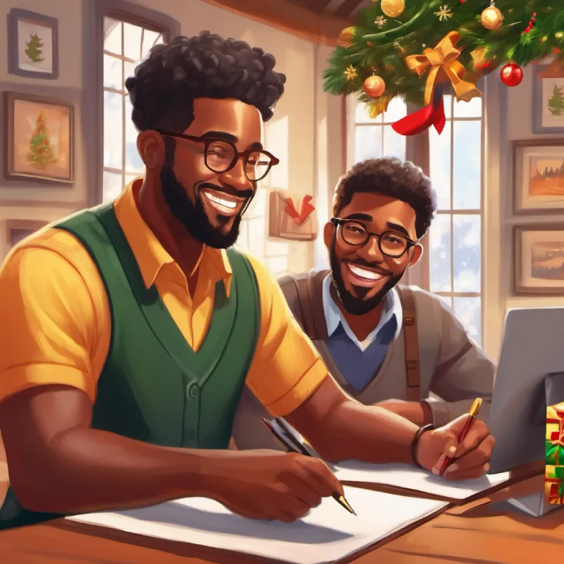 30-year-old black man, short hair, brown eyes, warm smile working hard, receiving praise from his boss, feeling accomplished.