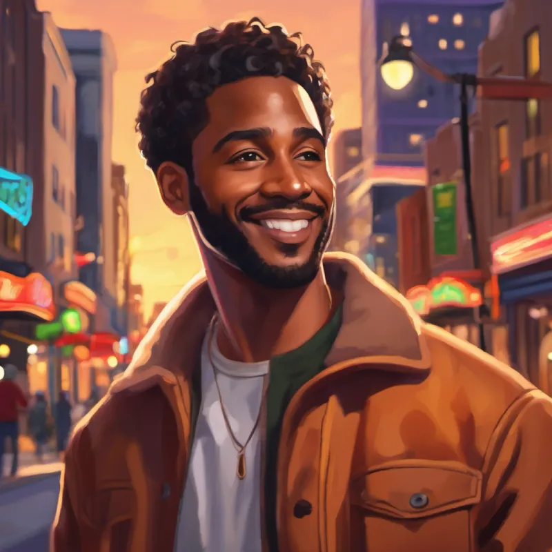 30-year-old black man, short hair, brown eyes, warm smile exploring Austin after work, noticing the vibrant music scene.