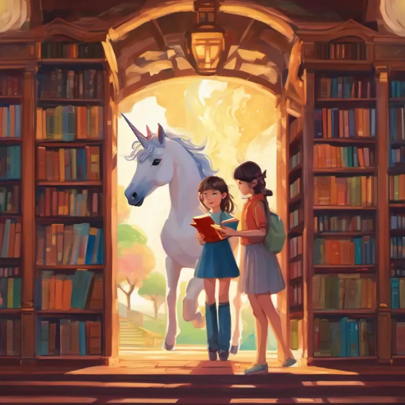The page shows the two girls inside the library. They are holding a big book with a picture of a unicorn on the cover.
