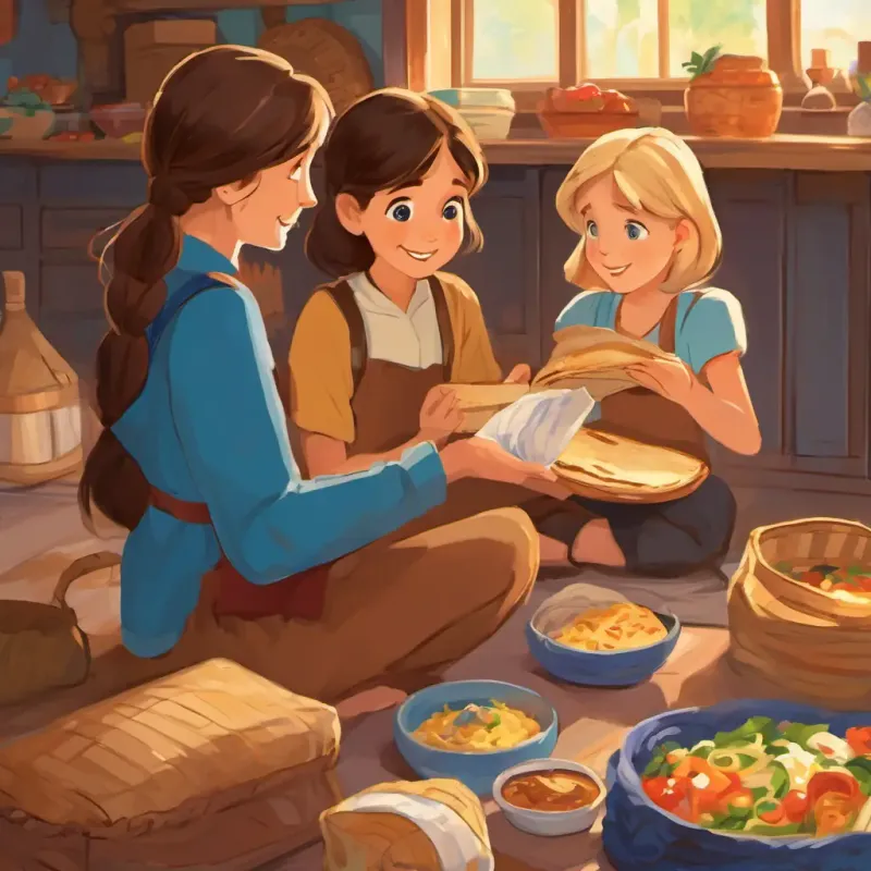 The page shows Dilruba has brown hair and brown eyes and Joy has blonde hair and blue eyes at home, talking to their parents. Dilruba has brown hair and brown eyes's mom is packing sandwiches in a bag and Joy has blonde hair and blue eyes's dad is showing them a map.