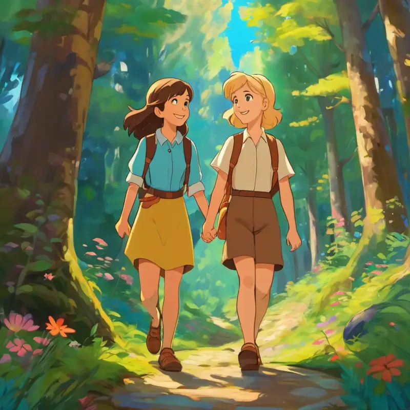 The page shows Dilruba has brown hair and brown eyes and Joy has blonde hair and blue eyes holding hands and walking through a colorful forest. They are smiling and looking at the map to find their way.