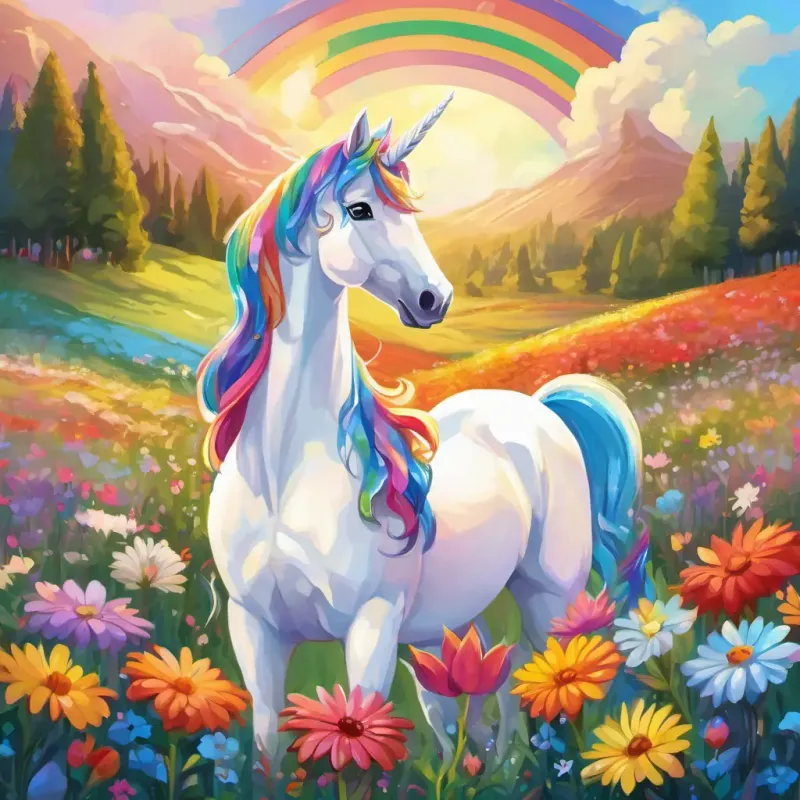 The page shows Dilruba has brown hair and brown eyes and Joy has blonde hair and blue eyes standing in a meadow, surrounded by colorful flowers. Sparkle is a white unicorn with a rainbow mane, a white unicorn with a rainbow mane, is standing in front of them.