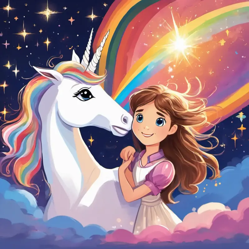 The page shows Dilruba has brown hair and brown eyes and Joy has blonde hair and blue eyes holding hands and looking up at Sparkle is a white unicorn with a rainbow mane. The sky is filled with stars and Sparkle is a white unicorn with a rainbow mane is glowing with magic.