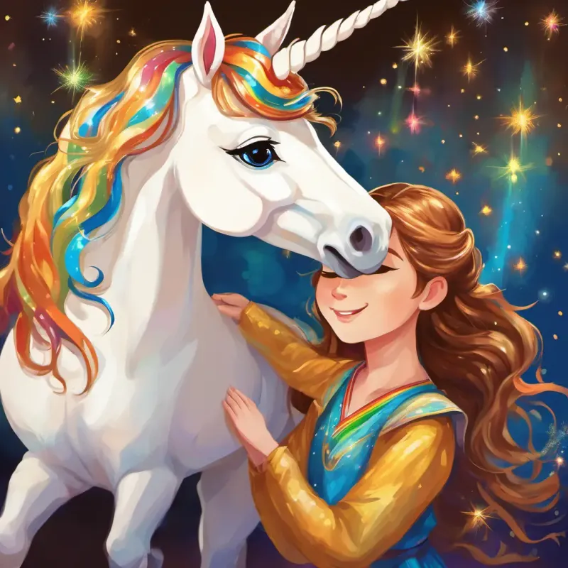 The page shows Sparkle is a white unicorn with a rainbow mane bending down towards Dilruba has brown hair and brown eyes and Joy has blonde hair and blue eyes. There are small sparkles around them, symbolizing the magic. Dilruba has brown hair and brown eyes and Joy has blonde hair and blue eyes are smiling and holding hands.