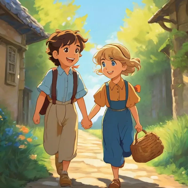 The page shows Dilruba has brown hair and brown eyes and Joy has blonde hair and blue eyes walking back home with big smiles on their faces. They are holding hands and talking excitedly.