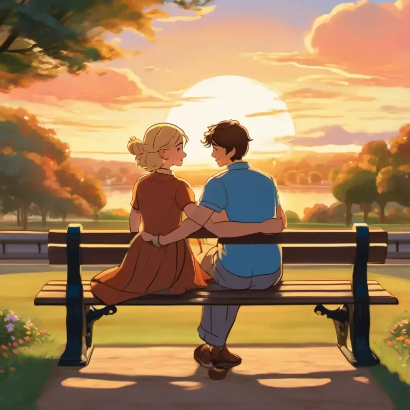 The page shows Dilruba has brown hair and brown eyes and Joy has blonde hair and blue eyes sitting on a park bench, looking at the sunset. They have their arms around each other and big smiles on their faces.