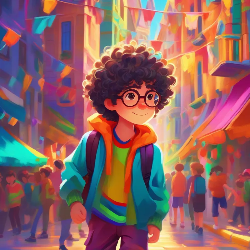 Curly-haired boy, wearing colorful clothes and glasses in a vibrant town surrounded by bright colors.
