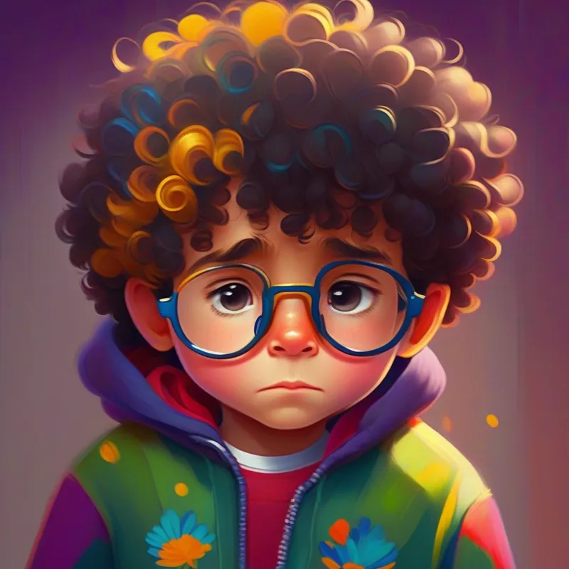 Curly-haired boy, wearing colorful clothes and glasses feeling shy and looking downcast.