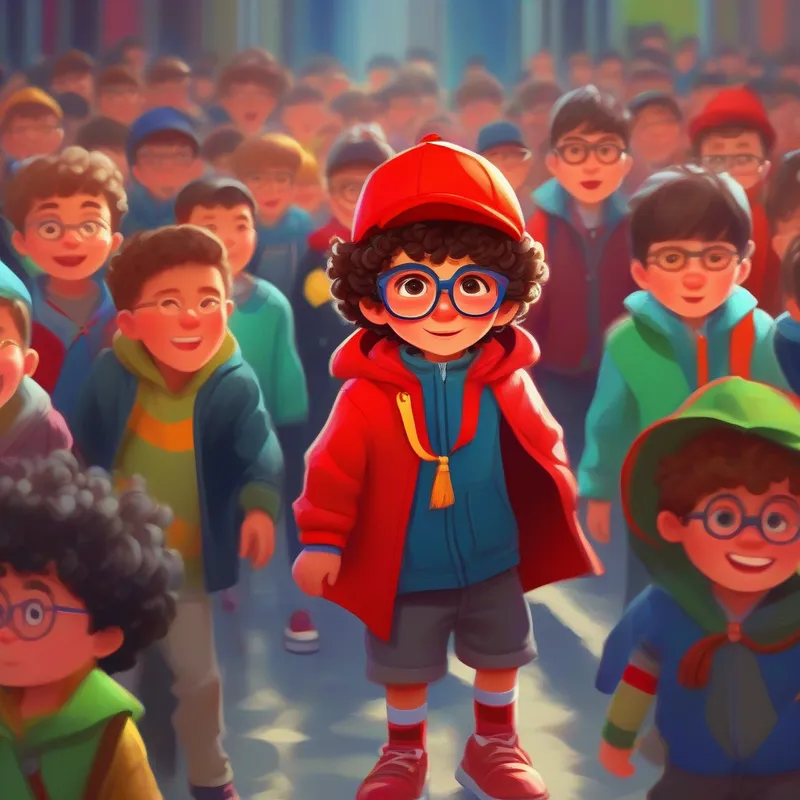 Curly-haired boy, wearing colorful clothes and glasses and Tall and charismatic with a bright red hat and a cape standing up to bullies with confident expressions on their faces.