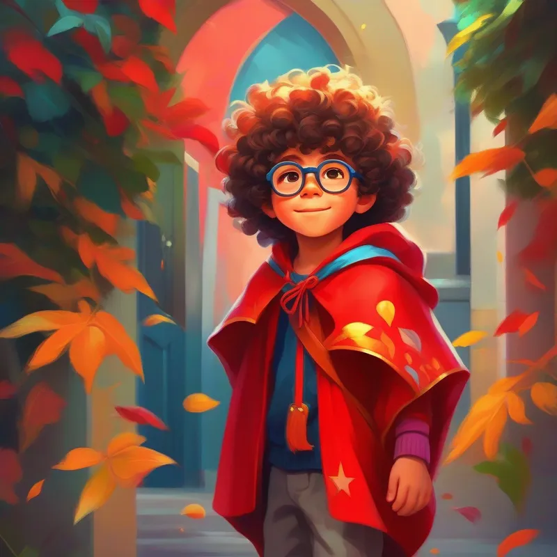 Curly-haired boy, wearing colorful clothes and glasses and Tall and charismatic with a bright red hat and a cape waving goodbye with tears in their eyes.