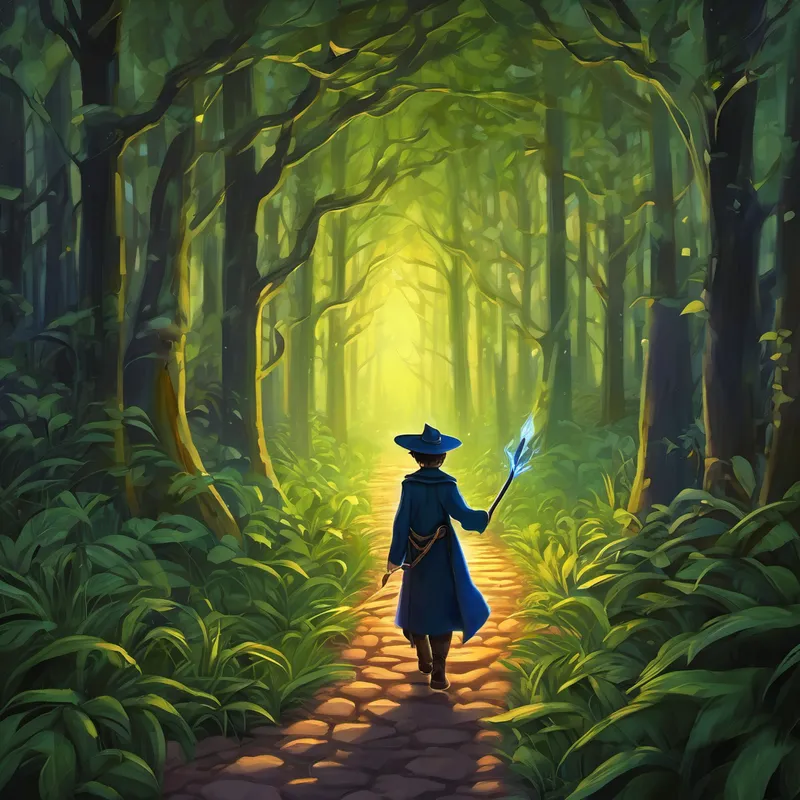 Following the mysterious sorcerer's tracks through the enchanted forest, Keaton stumbled upon a hidden clearing. It was here that he encountered the malevolent sorcerer, his cold eyes reflecting the darkness in his soul. "Who dares challenge me?" the sorcerer growled, a wicked smile forming on his thin lips. Undeterred, Keaton stepped forward, his voice steady despite the tremble in his heart. "I am Keaton, the magician, and I have come to save the mayor's daughter and defeat you!" The sorcerer chuckled menacingly, but this only fueled Keaton's confidence further.