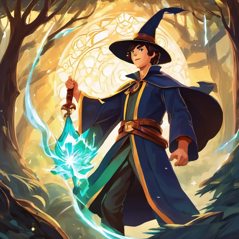 In a dazzling display of magic, Keaton dared to face each challenge thrown his way. He summoned gusts of wind to blow away the sorcerer's dark spells and created shields of light to protect himself from danger. With every trick he performed, his confidence soared higher, reaching levels even he couldn't have imagined. The evil sorcerer was taken aback by Keaton's unwavering self-assurance. As the battle reached its climax, the young magician cast a spell so grand, so powerful, that it enveloped the wicked sorcerer, banishing his darkness forever. Keaton had triumphed. The mayor's daughter was now safe, thanks to his courage and unyielding belief in himself.