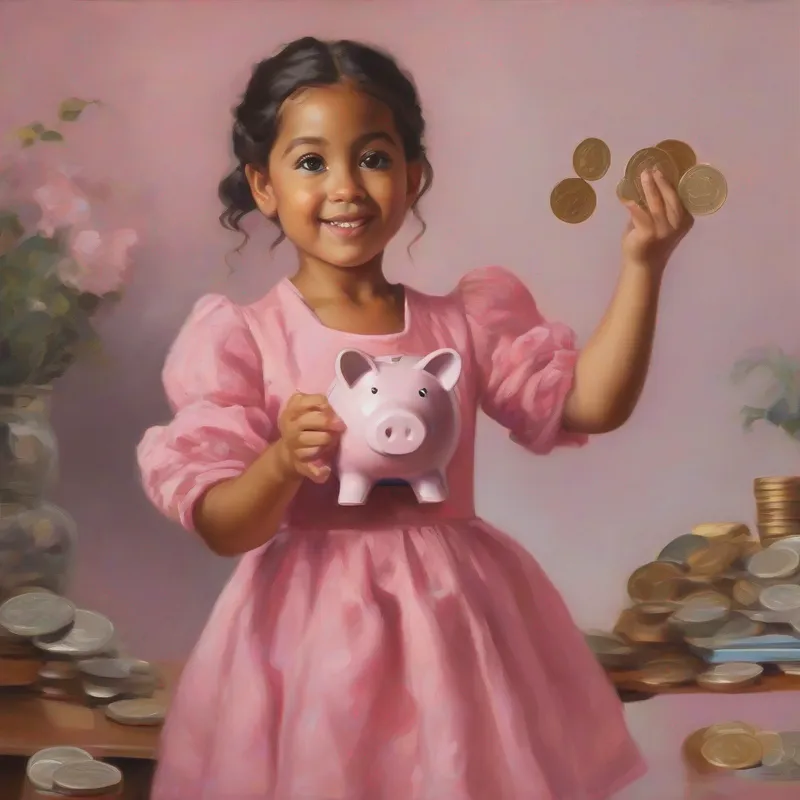 Lila wearing a pink dress, holding a piggy bank stacking coins and pointing at their values