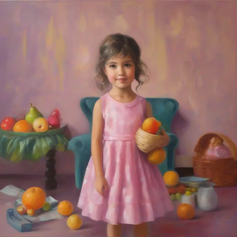 Lila wearing a pink dress, holding a piggy bank pretending to buy fruits and toys with play money