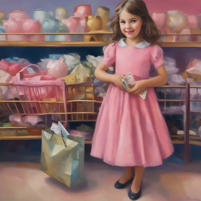 Lila wearing a pink dress, holding a piggy bank beaming with a shopping bag and money in hand