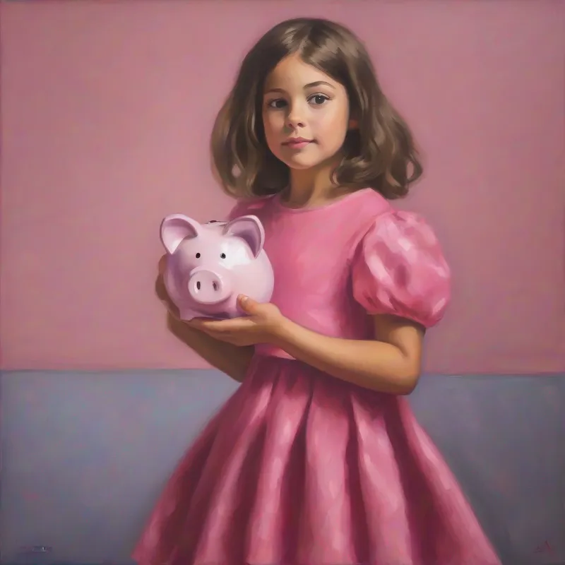 Lila wearing a pink dress, holding a piggy bank imagining herself saving and spending money responsibly