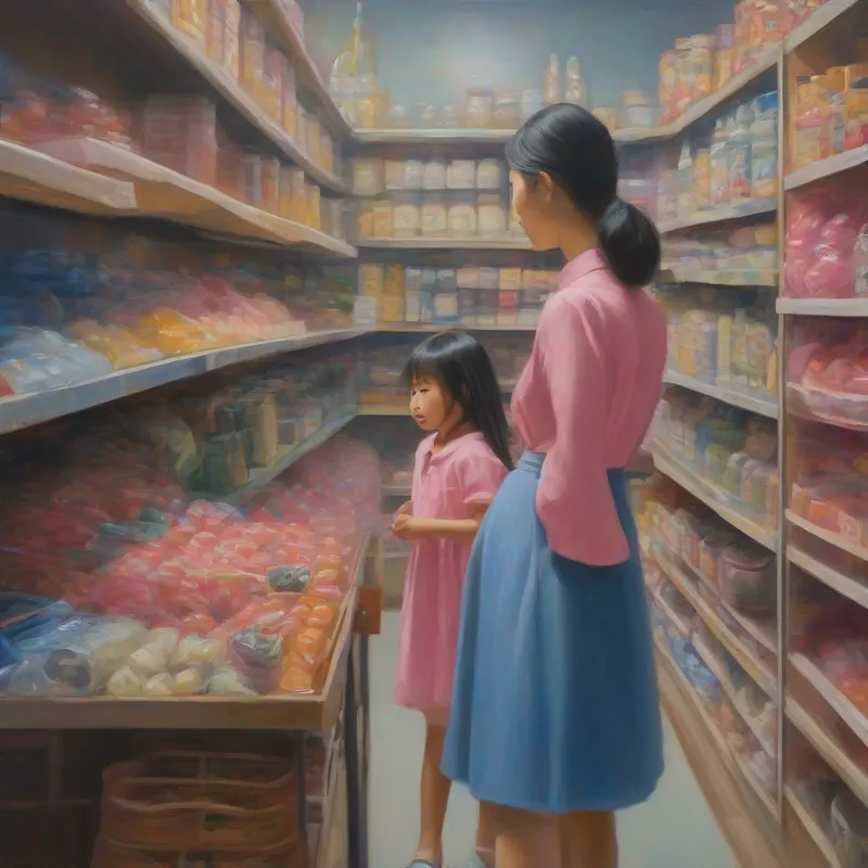 In a grocery store room, One 5 year old asian girl in a pink dress short sleeve blouse stands by A 30 year old  fair asian mother in a plain blue dress standing by shelves