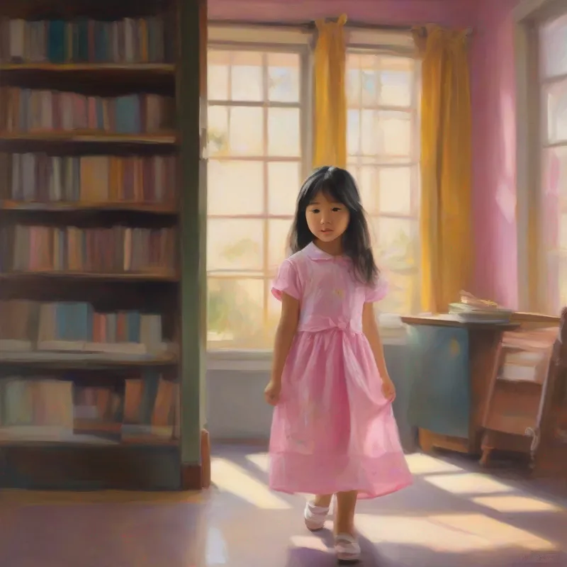 Lila 5 year asian girl wearing a pink dress short sleeve blouse, walking into a study room