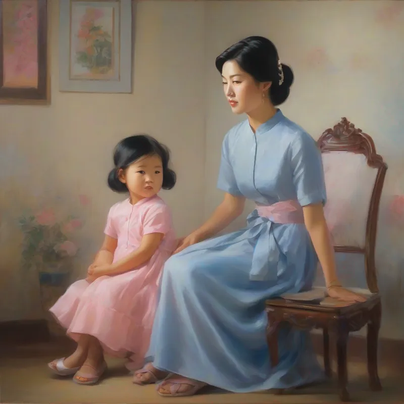In a study room, One 5 year old asian girl in a pink dress short sleeve blouse stands by A 30 year old  fair asian mother in a plain blue dress siting