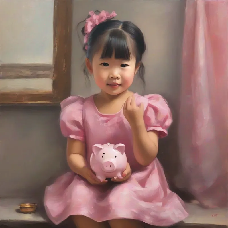 Lila an 5-year old asian girl wearing a pink dress, holding a piggy bank wearing a pink dress, holding a piggy bank