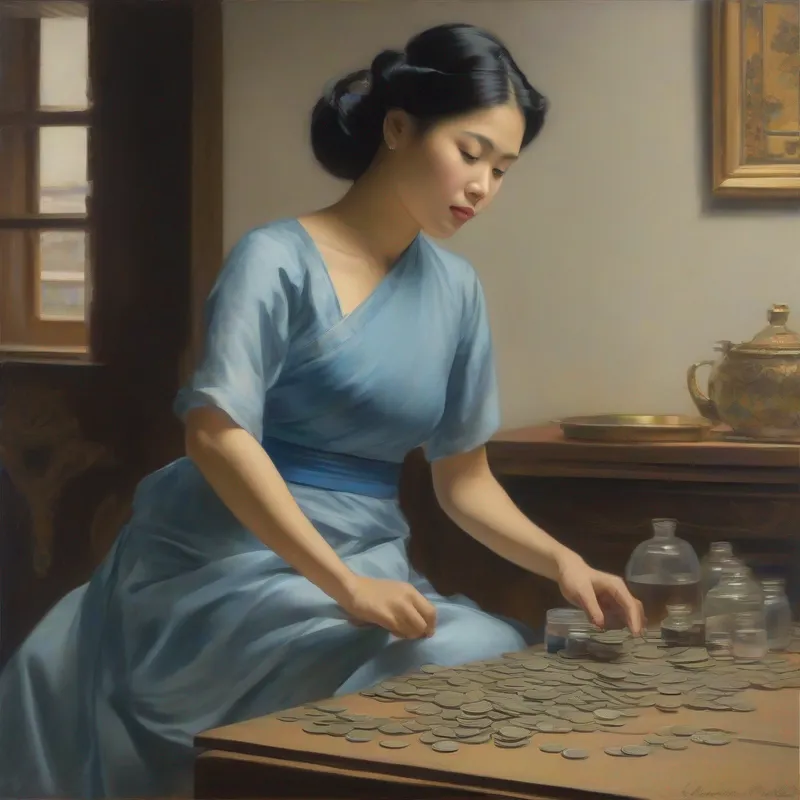 A 30 year old  fair asian mother in a plain blue dress siting by a desk counting a few coins