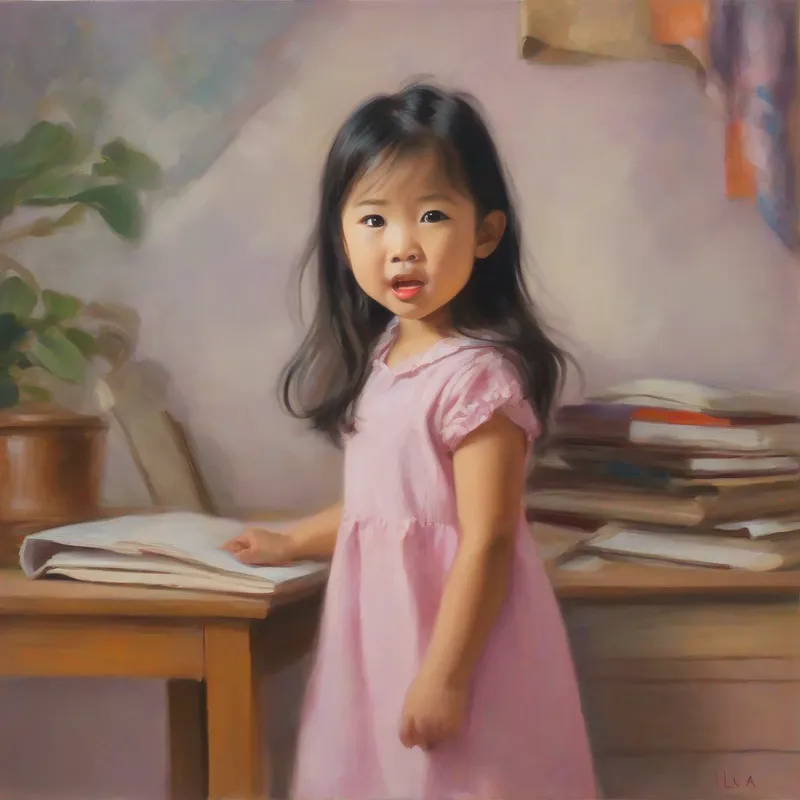 Lila a 5 year old asian girl wearing a pink dress short sleeve blouse stands in a study with her mouth open