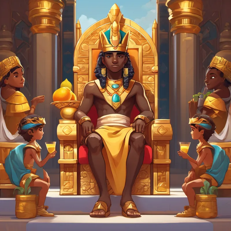 Little pharaoh with dark skin, brown eyes, and a cool golden crown sitting on his grand throne, surrounded by loyal servants offering him fruits and drinks