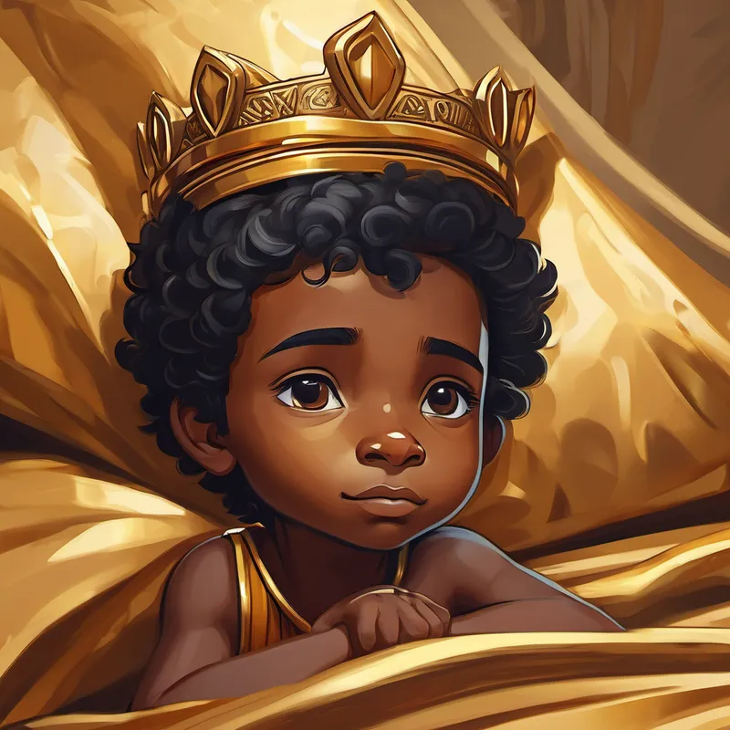 Little pharaoh with dark skin, brown eyes, and a cool golden crown lying on a golden silk sheet bed, with a peaceful expression on his face