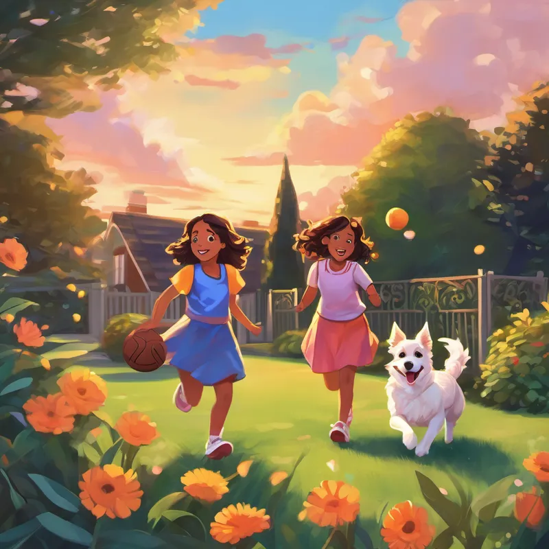 After school, the girls rushed back home, eager to be reunited with Skye and Roxy. They spent the afternoon playing fetch in the backyard, giggling uncontrollably as the dogs chased their favorite tennis ball. Bianca and Mia loved watching Skye's agility and Roxy's gentle nature. As the evening approached, their mom, Ezelle, surprised them with cookies she had baked that afternoon. The girls' eyes sparkled with delight as they saw the cookies, beautifully decorated with intricate patterns and vibrant colors. Together, they sat at the kitchen table, enjoying the sweet treats while sharing stories from their day.