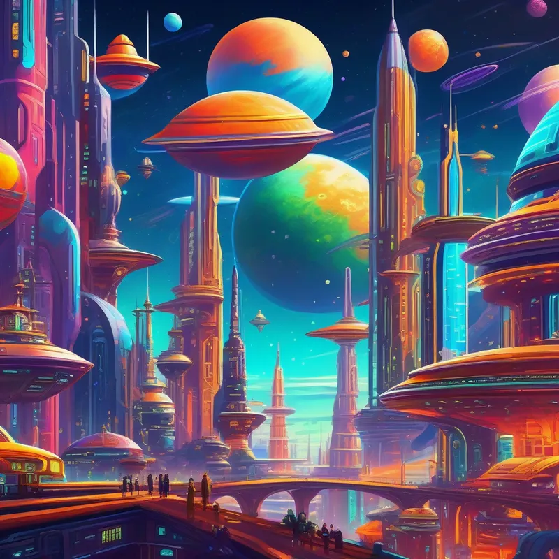 A futuristic cityscape with spaceships and planets in the background, vibrant colors