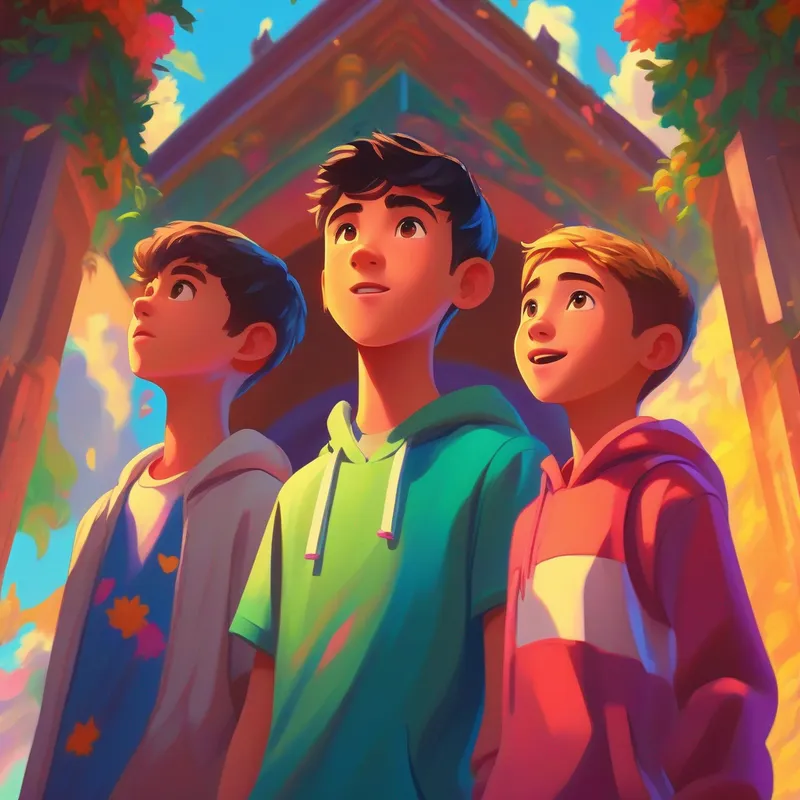 Four teenagers standing in front of a grand entrance, excitement in their eyes, vibrant colors