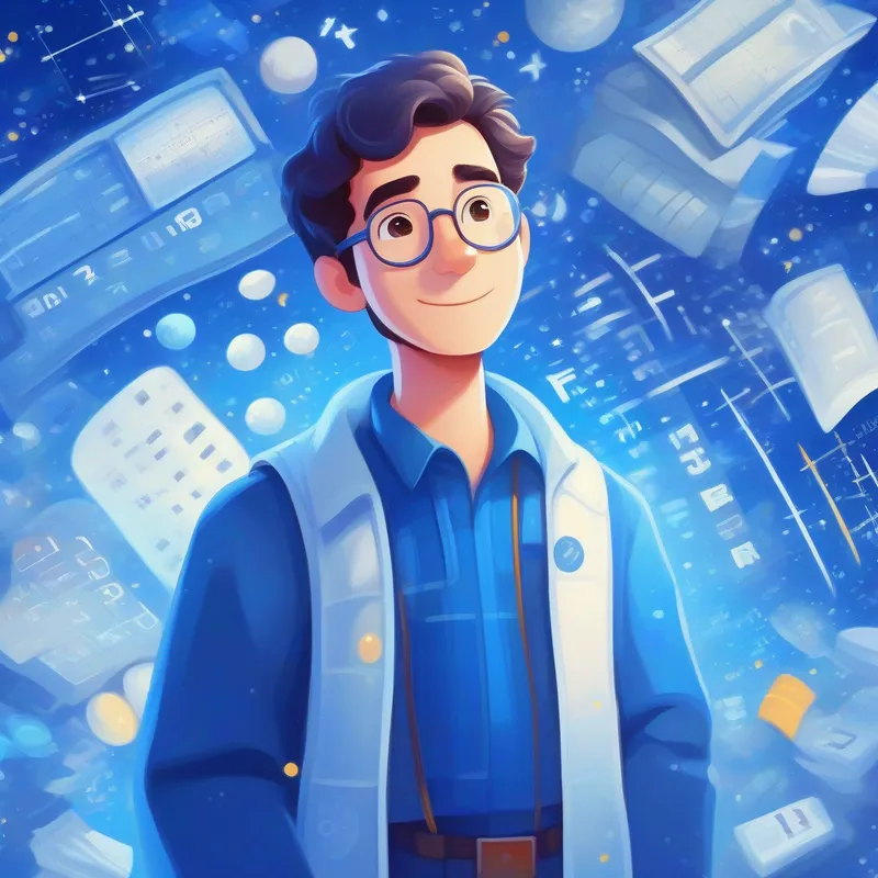 Brilliant mathematician, loves astrophysics, blue and white colors with a calculator in his hand, surrounded by mathematical equations, blue and white colors