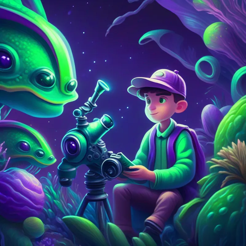 Gifted biologist, fascinated by alien life, green and purple colors holding a microscope, observing a colorful alien creature, green and purple colors