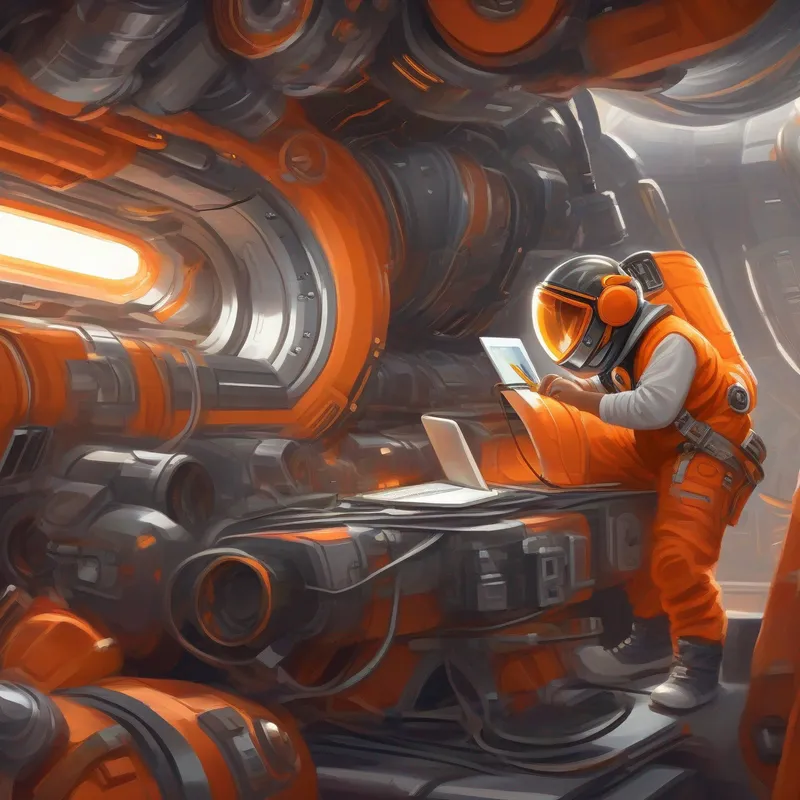 Tech-savvy engineer, dreams of building advanced spacecraft, orange and silver colors wearing a tool belt, working on a small spaceship prototype, orange and silver colors