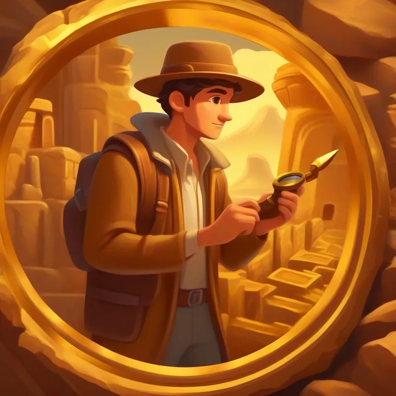Curious archaeologist, seeks the secrets of ancient civilizations, brown and gold colors holding a magnifying glass, examining an ancient artifact, brown and gold colors